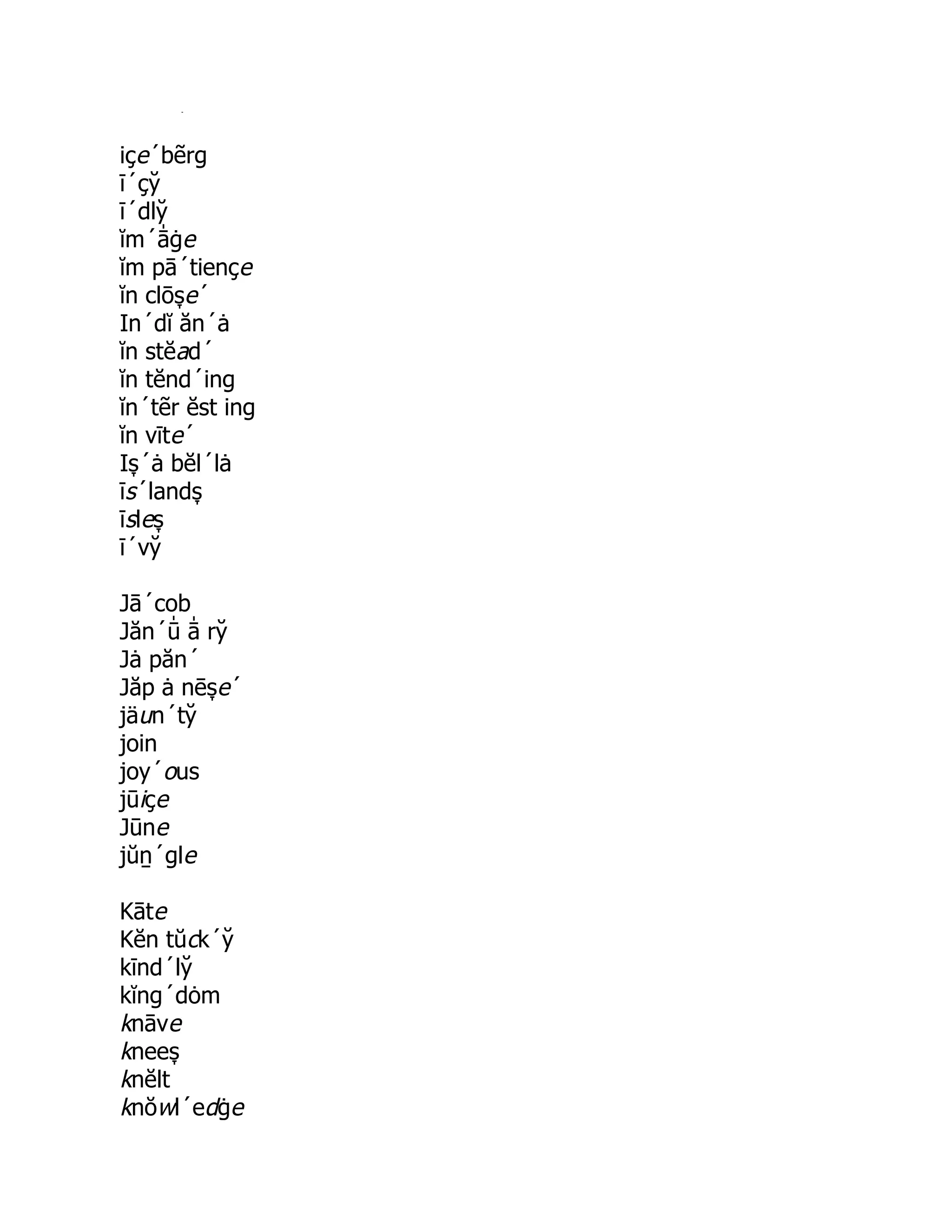 s̞
içe´bẽrg
ī´çy̆
ī´dly̆
ĭm´ā̍ ġe
ĭm pā´tiençe
ĭn clōs̞ e´
In´dĭ ăn´ȧ
ĭn stĕad´
ĭn tĕnd´ing
ĭn´tẽr ĕst ing
ĭn vīte´
Is̞ ´ȧ bĕl´lȧ
īs´lands̞
īsles̞
ī´vy̆
Jā´cob
Jăn´ū̍ ā̍ ry̆
Jȧ păn´
Jăp ȧ nēs̞ e´
jäun´ty̆
join
joy´ous
jūiçe
Jūne
jŭṉ´gle
Kāte
Kĕn tŭck´y̆
kīnd´ly̆
kĭng´dȯm
knāve
knees̞
knĕlt
knŏwl´edġe
 