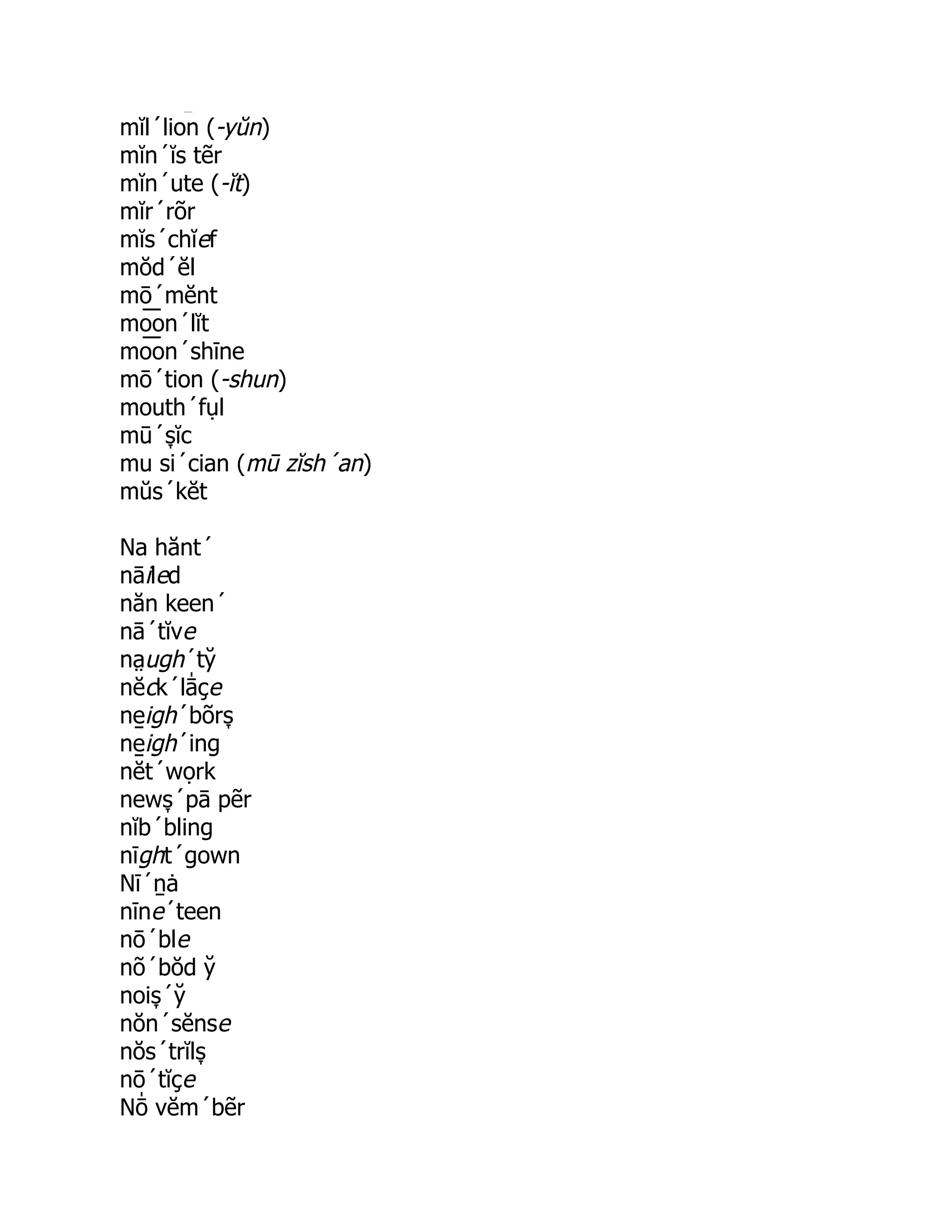 e̱
mĭl´lion (-yŭn)
mĭn´ĭs tẽr
mĭn´ute (-ĭt)
mĭr´rõr
mĭs´chĭef
mŏd´ĕl
mō´mĕnt
mo͞ on´lĭt
mo͞ on´shīne
mō´tion (-shun)
mouth´fụl
mū´s̞ ĭc
mu si´cian (mū zĭsh´an)
mŭs´kĕt
Na hănt´
nāiled
năn keen´
nā´tĭve
na̤ ugh´ty̆
nĕck´lā̍ çe
ne̱ igh´bõrs̞
ne̱ igh´ing
nĕt´wọrk
news̞ ´pā pẽr
nĭb´bling
nīght´gown
Nī´ṉȧ
nīne´teen
nō´ble
nõ´bŏd y̆
nois̞ ´y̆
nŏn´sĕnse
nŏs´trĭls̞
nō´tĭçe
Nō̍ vĕm´bẽr
 