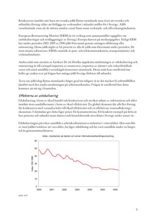 Konkurrens innebär inte bara att svenska jobb flyttar utomlands utan även att svenska och
utländska företag väljer att förlägga ny verksamhet i utlandet istället för i Sverige. AMS
varselstatistik visar att de största antalen varsel finns inom verkstads- och tillverkningsindustrin.

European Restructuring Monitor (ERM) är ett verktyg som sammanställer uppgifter om
omlokaliseringar och nedläggningar av företag i Europa baserat på mediauppgifter. Enligt ERM
har under perioden 2002-2005 ca 2500 jobb försvunnit genom antingen offshoring eller
outsourcing. Dessa jobb utgör ca 4,6 procent av alla de jobb som försvunnit under perioden. De
mest utsatta sektorerna i ERM:s statistik är post- och telekommunikation, transporttjänster och
verkstadsindustri.

Andra mått som använts av forskare för att försöka uppskatta omfattningen av utlokalisering och
outsourcing är till exempel importen av insatsvaror, importen av tjänster och vidareförädlade
varor och antal anställda i svenskägda koncerner utomlands. Dessa mått kan emellertid inte
heller ge exakta svar på frågan hur många jobb Sverige förlorar till utlandet.

Även om jobb idag flyttas utomlands i högre grad än tidigare så är det mycket få arbetstillfällen
jämfört med den totala omsättningen på arbetsmarknaden. Frågan är emellertid hur detta
kommer att stå sig i framtiden.

Effekterna av utlokalisering
Globalisering i form av ökad handel och konkurrens och ett ökat utbyte av information och idéer
innebär stora samhällsvinster i form av ökad effektivitet. En global ekonomi där allt fler företag
får konkurrera med varandra leder till ökad effektivitet och en effektivare resursallokering i
ekonomin. I slutändan ger detta lägre priser för konsumenterna. Ett konkret exempel på detta är
hur priserna och utbudet inom datorer och hemelektronik utvecklats i Sverige under senare år.

Globaliseringen påverkar anställda i arbetskraftsintensiva industrier i västvärlden. Den som blir
av med jobbet tenderar att vara äldre, ha lägre utbildning och ha varit anställda under en längre
tid än genomsnittsarbetaren.
                                      Index, importpriser på datorer och annan informationsbehandlingsutrustning

                              60


                              50


                              40
             Index 100=1990




                              30


                              20


                              10


                              0
                               2000          2001         2002         2003         2004          2005         2006

Källa: SCB




                                                                                                                      7
 