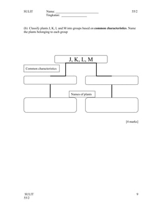 SULIT           Nama: ___________________________                               55/2
                Tingkatan: ________________



(b) Classify plants J, K, L and M into groups based on common characteristics. Name
the plants belonging to each group




                                 J, K, L, M
 Common characteristics




                                  Names of plants




                                                                           [4 marks]




 SULIT                                                                                9
55/2
 