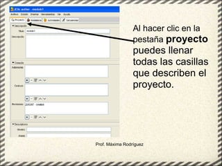 Prof. Máxima Rodríguez Al hacer clic en la pestaña  proyecto  puedes llenar todas las casillas que describen el proyecto.   