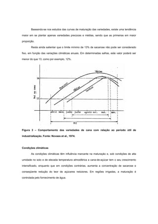 Baseando-se nos estudos das curvas de maturação das variedades, existe uma tendência
maior em se plantar apenas variedades precoces e médias, sendo que as primeiras em maior
proporção.
Resta ainda salientar que o limite mínimo de 13% de sacarose não pode ser considerado
fixo, em função das variações climáticas anuais. Em determinadas safras, este valor poderá ser
menor do que 13, como por exemplo, 12%.
Figura 3 – Comportamento das variedades de cana com relação ao período útil de
industrialização. Fonte: Novaes et al., 1974.
Condições climáticas
As condições climáticas têm influência marcante na maturação e, sob condições de alta
umidade no solo e de elevada temperatura atmosférica a cana-de-açúcar tem o seu crescimento
intensificado, enquanto que em condições contrárias, aumenta a concentração de sacarose e
conseqüente redução do teor de açúcares redutores. Em regiões irrigadas, a maturação é
controlada pelo fornecimento de água.
 