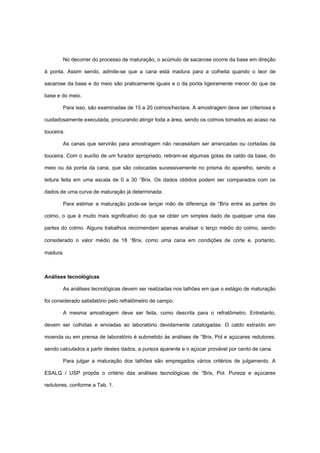 No decorrer do processo de maturação, o acúmulo de sacarose ocorre da base em direção
à ponta. Assim sendo, admite-se que a cana está madura para a colheita quando o teor de
sacarose da base e do meio são praticamente iguais e o da ponta ligeiramente menor do que da
base e do meio.
Para isso, são examinadas de 15 a 20 colmos/hectare. A amostragem deve ser criteriosa e
cuidadosamente executada, procurando atingir toda a área, sendo os colmos tomados ao acaso na
touceira.
As canas que servirão para amostragem não necessitam ser arrancadas ou cortadas da
touceira. Com o auxílio de um furador apropriado, retiram-se algumas gotas de caldo da base, do
meio ou da ponta da cana, que são colocadas sucessivamente no prisma do aparelho, sendo a
leitura feita em uma escala de 0 a 30 °Brix. Os dados obtidos podem ser comparados com os
dados de uma curva de maturação já determinada.
Para estimar a maturação pode-se lançar mão de diferença de °Brix entre as partes do
colmo, o que é muito mais significativo do que se obter um simples dado de qualquer uma das
partes do colmo. Alguns trabalhos recomendam apenas analisar o terço médio do colmo, sendo
considerado o valor médio de 18 °Brix, como uma cana em condições de corte e, portanto,
madura.
Análises tecnológicas
As análises tecnológicas devem ser realizadas nos talhões em que o estágio de maturação
foi considerado satisfatório pelo refratômetro de campo.
A mesma amostragem deve ser feita, como descrita para o refratômetro. Entretanto,
devem ser colhidas e enviadas ao laboratório devidamente catalogadas. O caldo extraído em
moenda ou em prensa de laboratório é submetido às análises de °Brix, Pol e açúcares redutores,
sendo calculados a partir destes dados, a pureza aparente e o açúcar provável por cento de cana.
Para julgar a maturação dos talhões são empregados vários critérios de julgamento. A
ESALQ / USP propôs o critério das análises tecnológicas de °Brix, Pol. Pureza e açúcares
redutores, conforme a Tab. 1.
 