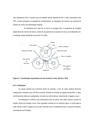 não ultrapassam 60%, enquanto que as dotadas destes dispositivos têm o valor aumentado para
70%. A baixa extração é conseqüência, principalmente, da regulagem da moenda, da ausência de
preparo de cana e da alimentação irregular.
As destilarias com mais de um terno de moagem têm a capacidade de extração
dependente do número de ternos, do tipo de equipamento, do preparo de cana, da embebição, etc.
A extração nestas destilarias varia entre 75 a 92%.
Figura 6 – Constituição esquemática de uma moenda. Fonte: Oliveira, 1978.
6.2.1. Embebição
Ao passar através dos primeiros ternos de moenda, o teor de caldo residual decresce
rapidamente, enquanto que o de fibra aumenta. Quando a umidade do bagaço atinge 50%, o caldo
fica fortemente retido por capilaridade, tornando-se inútil continuar comprimindo o bagaço a seco.
A embebição é o artifício mais interessante para se extrair mais caldo residual, quando se
atinge o limite da extração a seco. Esta operação consiste em se adicionar água, ou ainda água e
caldo diluído, sobre o bagaço que sai das moendas com a finalidade de diluir a sacarose restante,
aumentando sua extração.
Camisa
Eixo
Pente ou raspador
Abertura de saída
Pente ou raspador
Rolo posterior
ou
Rola-bagaço
Bagaceira
Rolo superior
Abertura de entrada
Rolo anterior
ou
Rola-cana
 