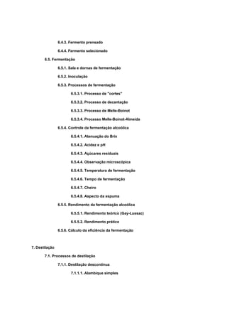 6.4.3. Fermento prensado
6.4.4. Fermento selecionado
6.5. Fermentação
6.5.1. Sala e dornas de fermentação
6.5.2. Inoculação
6.5.3. Processos de fermentação
6.5.3.1. Processo de "cortes"
6.5.3.2. Processo de decantação
6.5.3.3. Processo de Melle-Boinot
6.5.3.4. Processo Melle-Boinot-Almeida
6.5.4. Controle da fermentação alcoólica
6.5.4.1. Atenuação do Brix
6.5.4.2. Acidez e pH
6.5.4.3. Açúcares residuais
6.5.4.4. Observação microscópica
6.5.4.5. Temperatura de fermentação
6.5.4.6. Tempo de fermentação
6.5.4.7. Cheiro
6.5.4.8. Aspecto da espuma
6.5.5. Rendimento da fermentação alcoólica
6.5.5.1. Rendimento teórico (Gay-Lussac)
6.5.5.2. Rendimento prático
6.5.6. Cálculo da eficiência da fermentação
7. Destilação
7.1. Processos de destilação
7.1.1. Destilação descontínua
7.1.1.1. Alambique simples
 