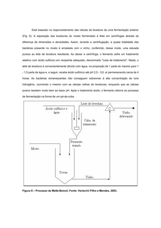 Está baseado no reaproveitamento das células de levedura de uma fermentação anterior
(Fig. 8). A separação das leveduras do mosto fermentado é feita em centrífugas através da
diferença de dimensões e densidades. Assim, durante a centrifugação, a quase totalidade das
bactérias presente no mosto é arrastada com o vinho, conferindo, desse modo, uma elevada
pureza ao leite de levedura resultante. Ao deixar a centrífuga, o fermento sofre um tratamento
seletivo com ácido sulfúrico em recipiente adequado, denominado "cuba de tratamento". Nesta, o
leite de levedura é convenientemente diluído com água, na proporção de 1 parte do mesmo para 1
- 1,5 parte de água e, a seguir, recebe ácido sulfúrico até pH 2,5 - 3,0, aí permanecendo cerca de 4
horas. As bactérias remanescentes não conseguem sobreviver à alta concentração de íons
hidrogênio, ocorrendo o mesmo com as células velhas de leveduras, enquanto que as células
jovens resistem muito bem ao baixo pH. Após o tratamento ácido, o fermento retorna ao processo
de fermentação na forma de um pé-de-cuba.
Figura 8 – Processo de Melle-Boinot. Fonte: Venturini Filho e Mendes, 2003.
 