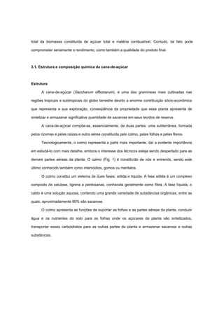 total da biomassa constituída de açúcar total e matéria combustível. Contudo, tal fato pode
comprometer seriamente o rendimento, como também a qualidade do produto final.
3.1. Estrutura e composição química da cana-de-açúcar
Estrutura
A cana-de-açúcar (Saccharum officinarum), é uma das gramíneas mais cultivadas nas
regiões tropicais e subtropicais do globo terrestre devido a enorme contribuição sócio-econômica
que representa a sua exploração, conseqüência da propriedade que essa planta apresenta de
sintetizar e armazenar significativa quantidade de sacarose em seus tecidos de reserva.
A cana-de-açúcar compõe-se, essencialmente, de duas partes: uma subterrânea, formada
pelos rizomas e pelas raízes e outra aérea constituída pelo colmo, pelas folhas e pelas flores.
Tecnologicamente, o colmo representa a parte mais importante, daí a evidente importância
em estudá-lo com mais detalhe, embora o interesse dos técnicos esteja sendo despertado para as
demais partes aéreas da planta. O colmo (Fig. 1) é constituído de nós e entrenós, sendo este
último conhecido também como internódios, gomos ou meritalos.
O colmo constitui um sistema de duas fases: sólida e líquida. A fase sólida é um complexo
composto de celulose, lignina e pentosanas, conhecida geralmente como fibra. A fase líquida, o
caldo é uma solução aquosa, contendo uma grande variedade de substâncias orgânicas, entre as
quais, aproximadamente 90% são sacarose.
O colmo apresenta as funções de suportar as folhas e as partes aéreas da planta, conduzir
água e os nutrientes do solo para as folhas onde os açúcares da planta são sintetizados,
transportar esses carboidratos para as outras partes da planta e armazenar sacarose e outras
substâncias.
 