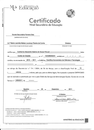Certificado de Conclusão do Secundário Guilherme Peruzzi