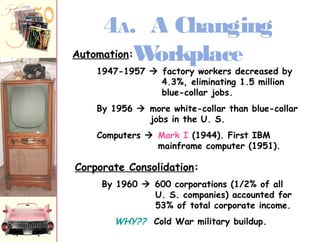 4A. A Changing 
Automation:Workplace 
1947-1957  factory workers decreased by 
4.3%, eliminating 1.5 million 
blue-collar jobs. 
By 1956  more white-collar than blue-collar 
jobs in the U. S. 
Computers  Mark I (1944). First IBM 
mainframe computer (1951). 
Corporate Consolidation: 
By 1960  600 corporations (1/2% of all 
U. S. companies) accounted for 
53% of total corporate income. 
WHY?? Cold War military buildup. 
 