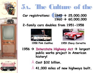 5A. The Culture of the 
CCaarr rreeggiissttrraattiioonnss:: C 11a9944r55  2255,,000000,,000000 
11996600  6600,,000000,,000000 
22--ffaammiillyy ccaarrss ddoouubblleess ffrroomm 11995511--11995588 
11995588 PPiinnkk CCaaddiillllaacc 11995599 CChheevvyy CCoorrvveettttee 
11995566  IInntteerrssttaattee HHiigghhwwaayy AAcctt  llaarrggeesstt 
ppuubblliicc wwoorrkkss pprroojjeecctt iinn AAmmeerriiccaann 
hhiissttoorryy!! 
Å CCoosstt $$3322 bbiilllliioonn.. 
Å 4411,,000000 mmiilleess ooff nneeww hhiigghhwwaayyss bbuuiilltt.. 
 