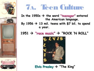 7A. Teen Culture 
IInn tthhee 11995500ss  tthhee wwoorrdd ““tteeeennaaggeerr”” eenntteerreedd 
tthhee AAmmeerriiccaann llaanngguuaaggee.. 
BByy 11995566  1133 mmiill.. tteeeennss wwiitthh $$77 bbiill.. ttoo ssppeenndd 
aa yyeeaarr.. 
11995511  ““rraaccee mmuussiicc””  ““RROOCCKK ‘‘NN RROOLLLL”” 
EEllvviiss PPrreesslleeyy  ““TThhee KKiinngg”” 
 