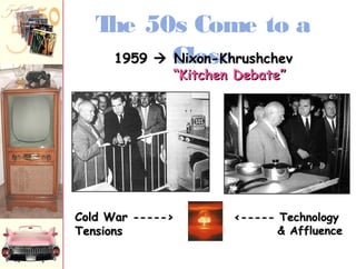The 50s Come to a 
11995599  CNNiilxxooonns-eKKhhrruusshhcchheevv 
““KKiittcchheenn DDeebbaattee”” 
CCoolldd WWaarr ----->> 
TTeennssiioonnss 
<<----- TTeecchhnnoollooggyy 
&& AAfffflluueennccee 
 