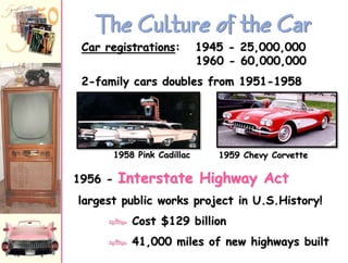 The Culture of the Car
Car registrations:

1945 - 25,000,000
1960 - 60,000,000

2-family cars doubles from 1951-1958

1958 Pink Cadillac

1956 -

1959 Chevy Corvette

Interstate Highway Act

largest public works project in U.S.History!

Å Cost $129 billion
Å 41,000 miles of new highways built

 