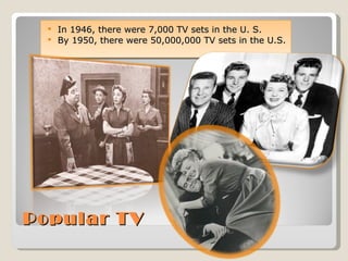 Popular TV In 1946, there were 7,000 TV sets in the U. S. By 1950, there were 50,000,000 TV sets in the U.S. 