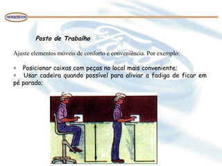  
Posto de Trabalho
 
Ajuste elementos móveis de conforto e conveniência. Por exemplo:
 
∗      Posicionar caixas com peças no local mais conveniente;
∗       Usar cadeira quando possível para aliviar a fadiga de ficar em
pé parado;
 