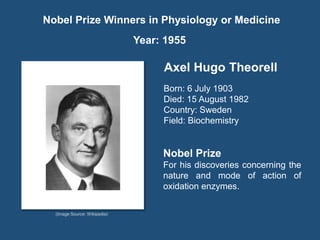 Year: 1955 Axel Hugo Theorell Born: 6 July 1903 Died: 15 August 1982 Country: Sweden Field: Biochemistry Nobel Prize For his discoveries concerning the nature and mode of action of oxidation enzymes. (Image Source: Wikipedia) Nobel Prize Winners in Physiology or Medicine 