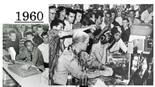 FIRST SIT-INS (FEBRUARY)
 Four black college students from the North Carolina Agricultural
and Technical College staged the first of the Civil Rights
Movement’s sit-ins. The students sat down at a Woolworth’s lunch
counter in Greensboro, North Carolina, and attempted to order
but were refused service. The sit-in movement extended to more
than 140 cities. Participants faced harassment, violence, and
arrest in their attempts to integrate public lunch counters.
 