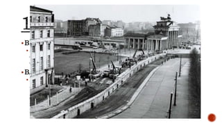 BERLIN WALL ERECTED
 Soviet and East German troops began building the Berlin Wall to
close off the western part of city after shutting down interallied
checkpoints.
BAY OF PIGS INVASION (APRIL)
 In an invasion planned by the United States Central Intelligence
Agency and approved by the Kennedy administration, US-backed
Cuban anti-Castro forces landed at the Bay of Pigs but were
overcome by Castro’s troops. More than 1100 men were captured
in an embarrassing defeat. The prisoners were eventually
ransomed back to the US in exchange for food and medicine.
 