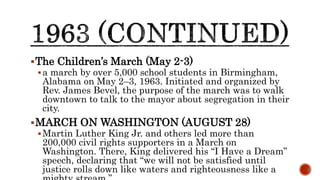 The Children’s March (May 2-3)
a march by over 5,000 school students in Birmingham,
Alabama on May 2–3, 1963. Initiated and organized by
Rev. James Bevel, the purpose of the march was to walk
downtown to talk to the mayor about segregation in their
city.
MARCH ON WASHINGTON (AUGUST 28)
Martin Luther King Jr. and others led more than
200,000 civil rights supporters in a March on
Washington. There, King delivered his “I Have a Dream”
speech, declaring that “we will not be satisfied until
justice rolls down like waters and righteousness like a
 