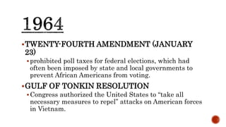 TWENTY-FOURTH AMENDMENT (JANUARY
23)
prohibited poll taxes for federal elections, which had
often been imposed by state and local governments to
prevent African Americans from voting.
GULF OF TONKIN RESOLUTION
Congress authorized the United States to “take all
necessary measures to repel” attacks on American forces
in Vietnam.
 