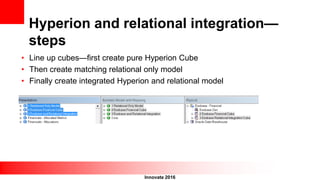 Innovate 2016
Hyperion and relational integration—
steps
• Line up cubes—first create pure Hyperion Cube
• Then create matching relational only model
• Finally create integrated Hyperion and relational model
 