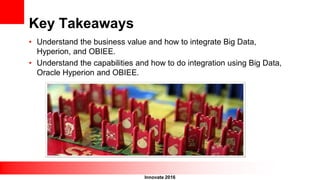 Innovate 2016
Key Takeaways
• Understand the business value and how to integrate Big Data,
Hyperion, and OBIEE.
• Understand the capabilities and how to do integration using Big Data,
Oracle Hyperion and OBIEE.
 