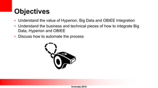 Innovate 2016
Objectives
• Understand the value of Hyperion, Big Data and OBIEE Integration
• Understand the business and technical pieces of how to integrate Big
Data, Hyperion and OBIEE
• Discuss how to automate the process
 
