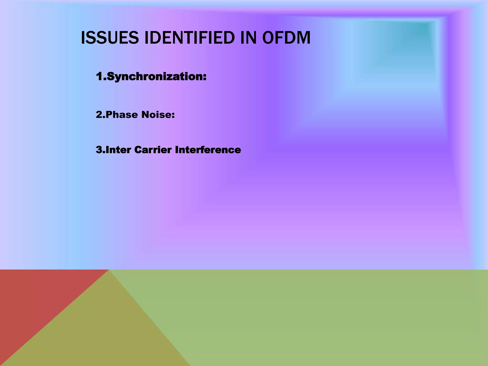 ISSUES IDENTIFIED IN OFDM
1.Synchronization:
2.Phase Noise:
3.Inter Carrier Interference
 