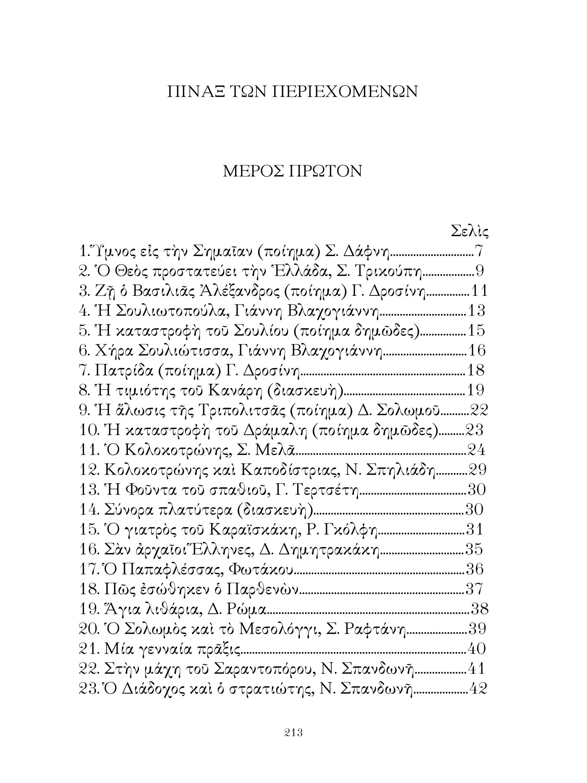ΠΙΝΑΞ ΤΩΝ ΠΕΡΙΕΧΟΜΕΝΩΝ



                                   ΜΕΡΟΣ ΠΡΩΤΟΝ


                                                                                               Σελὶς
. Ὕμνος εἰς τὴν Σημαῖαν (ποίημα) Σ. Δάφνη.............................7
. ῾Ο Θεὸς προστατεύει τὴν ῾Ελλάδα, Σ. Τρικούπη..................9
. Ζῇ ὁ Βασιλιᾶς Ἀλέξανδρος (ποίημα) Γ. Δροσίνη...............
4. ῾Η Σουλιωτοπούλα, Γιάννη Βλαχογιάννη..............................
5. ῾Η καταστροφὴ τοῦ Σουλίου (ποίημα δημῶδες)................5
6. Χήρα Σουλιώτισσα, Γιάννη Βλαχογιάννη.............................6
7. Πατρίδα (ποίημα) Γ. Δροσίνη.........................................................8
8. ῾Η τιμιότης τοῦ Κανάρη (διασκευὴ)..........................................9
9. ῾Η ἅλωσις τῆς Τριπολιτσᾶς (ποίημα) Δ. Σολωμοῦ..........
0. ῾Η καταστροφὴ τοῦ Δράμαλη (ποίημα δημῶδες).........
. ῾Ο Κολοκοτρώνης, Σ. Μελᾶ...........................................................4
. Κολοκοτρώνης καὶ Καποδίστριας, Ν. Σπηλιάδη...........9
. ῾Η Φοῦντα τοῦ σπαθιοῦ, Γ. Τερτσέτη.....................................0
4. Σύνορα πλατύτερα (διασκευὴ)....................................................0
5. ῾Ο γιατρὸς τοῦ Καραϊσκάκη, Ρ. Γκόλφη..............................
6. Σὰν ἀρχαῖοι Ἕλληνες, Δ. Δημητρακάκη.............................5
7. Ὁ Παπαφλέσσας, Φωτάκου...........................................................6
8. Πῶς ἐσώθηκεν ὁ Παρθενὼν.........................................................7
9. Ἅγια λιθάρια, Δ. Ρώμα......................................................................8
0. ῾Ο Σολωμὸς καὶ τὸ Μεσολόγγι, Σ. Ραφτάνη.....................9
. Μία γενναία πρᾶξις..............................................................................40
. Στὴν μάχη τοῦ Σαραντοπόρου, Ν. Σπανδωνῆ..................4
. Ὁ Διάδοχος καὶ ὁ στρατιώτης, Ν. Σπανδωνῆ...................4

                                                   213
 