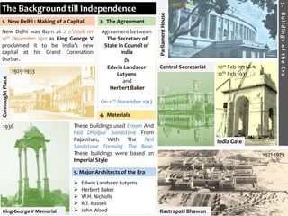 The Background till Independence
1. New Delhi : Making of a Capital
New Delhi was Born at 2 o’clock on
12th December 1911 as King George V
proclaimed it to be India’s new
capital at his Grand Coronation
Durbar.
3.BuildingsoftheEra
Agreement between
The Secretary of
State in Council of
India
&
Edwin Landseer
Lutyens
and
Herbert Baker
On 11th November 1913
2. The Agreement
5. Major Architects of the Era
 Edwin Landseer Lutyens
 Herbert Baker
 W.H. Nicholls
 R.T. Russell
 John Wood
ParliamentHouse
These buildings used Cream And
Red Dholpur Sandstone From
Rajasthan, With The Red
Sandstone Forming The Base.
These buildings were based on
Imperial Style
4. Materials
ConnaughtPlace
Rastrapati Bhawan
India Gate
King George V Memorial
1929-1933
1967-1974
1936
10st Feb 1921-
12th Feb 1931
1921-1929
Central Secretariat
 