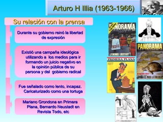 Arturo H Illia (1963-1966)
Su relación con la prensa
 Durante su gobierno reinó la libertad
             de expresión


   Existió una campaña ideológica
     utilizando a los medios para ir
     formando un juicio negativo en
          la opinión pública de su
     persona y del gobierno radical


 Fue señalado como lento, incapaz.
   Caricaturizado como una tortuga

    Mariano Grondona en Primera
     Plana, Bernardo Neustadt en
           Revista Todo, etc
 