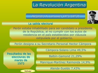 La Revolución Argentina

                     Alejandro A. Lanusse (1971-1973)

               La salida electoral
    Perón estaba inhabilitado para ser candidato a presidente
          de la República, al no cumplir con los autos de
           residencia en el país establecidos por cláusula
                     estipulada por el gobierno.

     Perón designa a su Secretario Personal Hector Cámpora

                              Cámpora-Solano Lima 49,5%
Resultados de las
   elecciones de                Balbín-Gamond 21,29%
     marzo de
       1973               Manrique-Martínez Raimonda 14,9%

                                 Alende-Sueldo 7,43%
            Volver
 