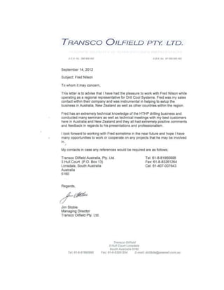 Jim Stobie Transco Oilfield PTY. LTD. LOR September 14 2012
