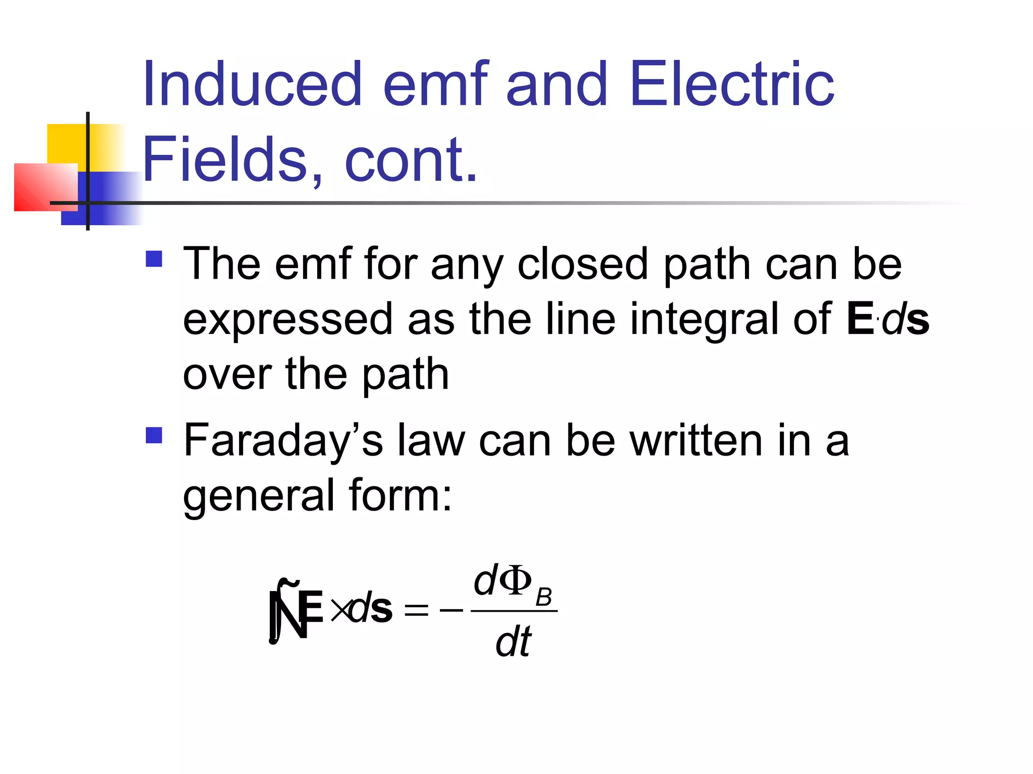 Induced emf and Electric
Fields, cont.
 The emf for any closed path can be
expressed as the line integral of E.
ds
over the path
 Faraday’s law can be written in a
general form:
Bd
d
dt
Φ
× = −∫E sÑ
 