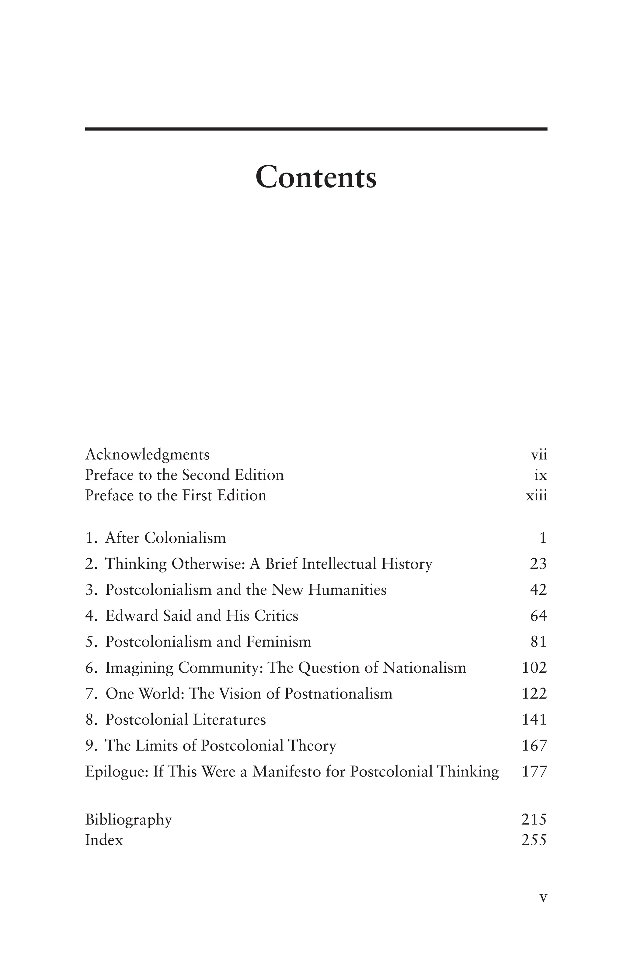 v
Acknowledgments vii
Preface to the Second Edition ix
Preface to the First Edition xiii
1. After Colonialism 1
2. Thinking Otherwise: A Brief Intellectual History 23
3. Postcolonialism and the New Humanities 42
4. Edward Said and His Critics 64
5. Postcolonialism and Feminism 81
6. Imagining Community: The Question of Nationalism 102
7. One World: The Vision of Postnationalism 122
8. Postcolonial Literatures 141
9. The Limits of Postcolonial Theory 167
Epilogue: If This Were a Manifesto for Postcolonial Thinking 177
Bibliography 215
Index 255
Contents
 