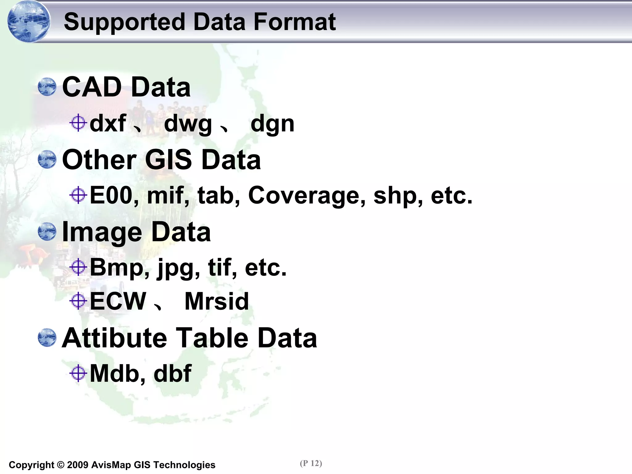 Supported Data Format  CAD Data dxf 、 dwg 、 dgn Other GIS Data E00, mif, tab, Coverage, shp, etc. Image Data Bmp, jpg, tif, etc. ECW 、 Mrsid Attibute Table Data Mdb, dbf 