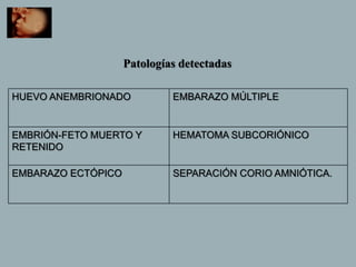 HUEVO ANEMBRIONADO EMBARAZO MÚLTIPLE
EMBRIÓN-FETO MUERTO Y
RETENIDO
HEMATOMA SUBCORIÓNICO
EMBARAZO ECTÓPICO SEPARACIÓN CORIO AMNIÓTICA.
Patologías detectadas
 