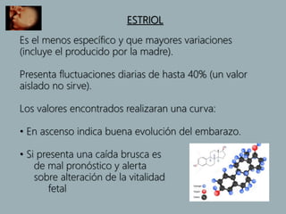 ESTRIOL
Es el menos específico y que mayores variaciones
(incluye el producido por la madre).
Presenta fluctuaciones diarias de hasta 40% (un valor
aislado no sirve).
Los valores encontrados realizaran una curva:
• En ascenso indica buena evolución del embarazo.
• Si presenta una caída brusca es
de mal pronóstico y alerta
sobre alteración de la vitalidad
fetal
 