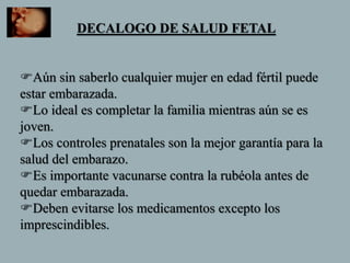 DECALOGO DE SALUD FETAL
Aún sin saberlo cualquier mujer en edad fértil puede
estar embarazada.
Lo ideal es completar la familia mientras aún se es
joven.
Los controles prenatales son la mejor garantía para la
salud del embarazo.
Es importante vacunarse contra la rubéola antes de
quedar embarazada.
Deben evitarse los medicamentos excepto los
imprescindibles.
 