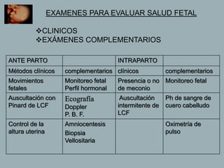 EXAMENES PARA EVALUAR SALUD FETAL
CLINICOS
EXÁMENES COMPLEMENTARIOS
ANTE PARTO INTRAPARTO
Métodos clínicos complementarios clínicos complementarios
Movimientos
fetales
Monitoreo fetal
Perfil hormonal
Presencia o no
de meconio
Monitoreo fetal
Auscultación con
Pinard de LCF
Ecografía
Doppler
P. B. F.
Auscultación
intermitente de
LCF
Ph de sangre de
cuero cabelludo
Control de la
altura uterina
Amniocentesis
Biopsia
Vellositaria
Oximetría de
pulso
 