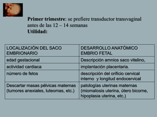 Primer trimestre: se prefiere transductor transvaginal
antes de las 12 – 14 semanas
Utilidad:
LOCALIZACIÓN DEL SACO
EMBRIONARIO
DESARROLLO ANATÓMICO
EMBRIO FETAL
edad gestacional Descripción amnios saco vitelino,
actividad cardiaca implantación placentaria.
número de fetos descripción del orificio cervical
interno y longitud endocervical
Descartar masas pélvicas maternas
(tumores anexiales, luteomas, etc.)
patologías uterinas maternas
(miomatosis uterina, útero bicorne,
hipoplasia uterina, etc.)
 