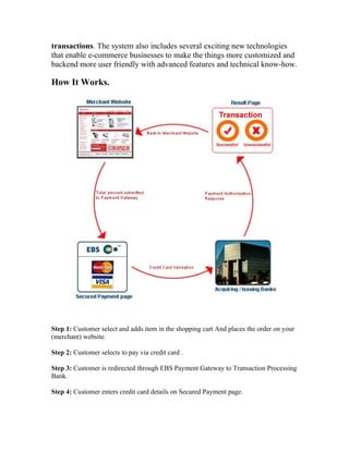transactions. The system also includes several exciting new technologies
that enable e-commerce businesses to make the things more customized and
backend more user friendly with advanced features and technical know-how.

How It Works.




Step 1: Customer select and adds item in the shopping cart And places the order on your
(merchant) website.

Step 2: Customer selects to pay via credit card .

Step 3: Customer is redirected through EBS Payment Gateway to Transaction Processing
Bank.

Step 4: Customer enters credit card details on Secured Payment page.
 