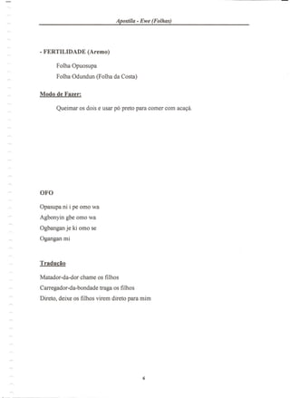Apostila - Ewe (Folhas)
- FERTILIDADE (Aremo)
Folha Opuosupa
Folha Odundun (Folha da Costa)
Opasupa ni i pe omo wa
Agbonyin gbe omo wa
Ogbangan je ki omo se
Ogangan mi
Matador-da-dor chame os filhos
Carregador-da-bondade traga os filhos
Direto, deixe os filhos virem direto para mim
 