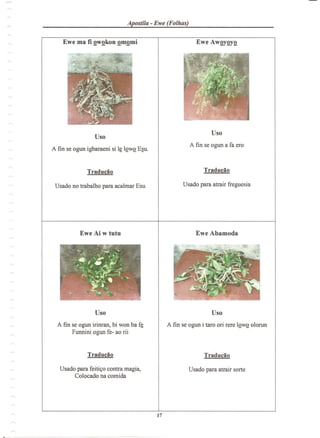 Apostila - Ewe (Folhas)
A fin se ogun irinran, bi won ba f~
Funnini ogun fe- ao rii
Usado para feiti90 contra magia,
Colocado na comida
 