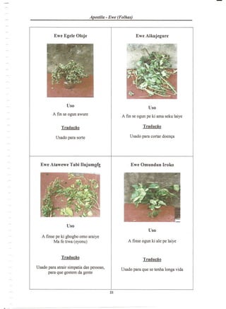 ·Apostila - Ewe (Folhas)
A finse pe ki gbogbo omo araiye
Ma fe tiwa (eyonu)
Usado para atrair simpatia das pessoas,
para que gostem da gente
 