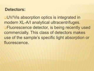 Detectors:
UV/Vis

absorption optics is integrated in
modern XL-A/I analytical ultracentrifuges.
Fluorescence detector, is being recently used
commercially. This class of detectors makes
use of the sample’s specific light absorption or
fluorescence.

 