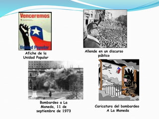 Afiche de la
Unidad Popular
Allende en un discurso
público
Bombardeo a La
Moneda, 11 de
septiembre de 1973
Caricatura del bombardeo
A La Moneda
 