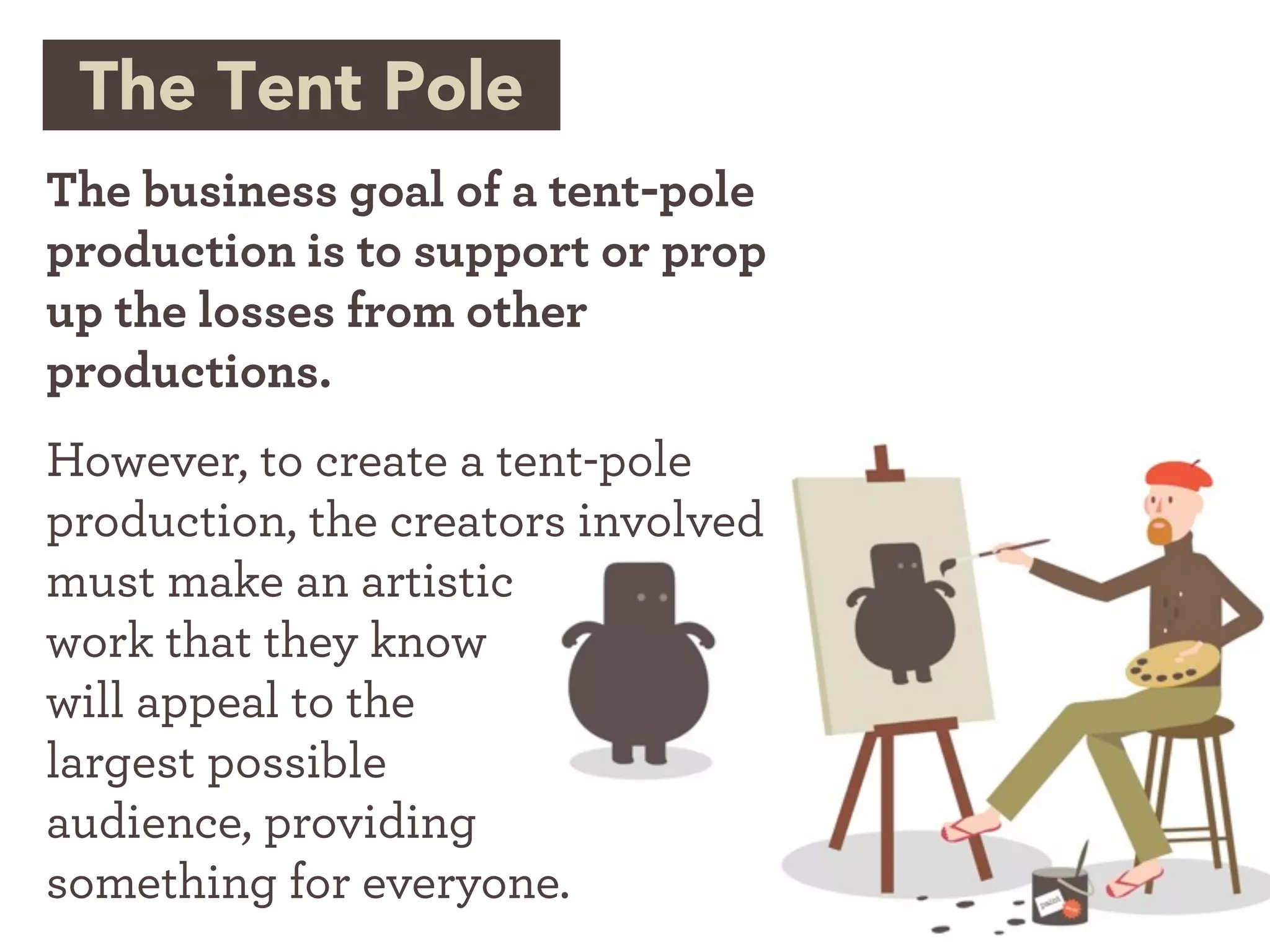 The Tent Pole
The business goal of a tent-pole
production is to support or prop
up the losses from other
productions.
However, to create a tent-pole
production, the creators involved
must make an artistic
work that they know
will appeal to the
largest possible
audience, providing
something for everyone.
 
