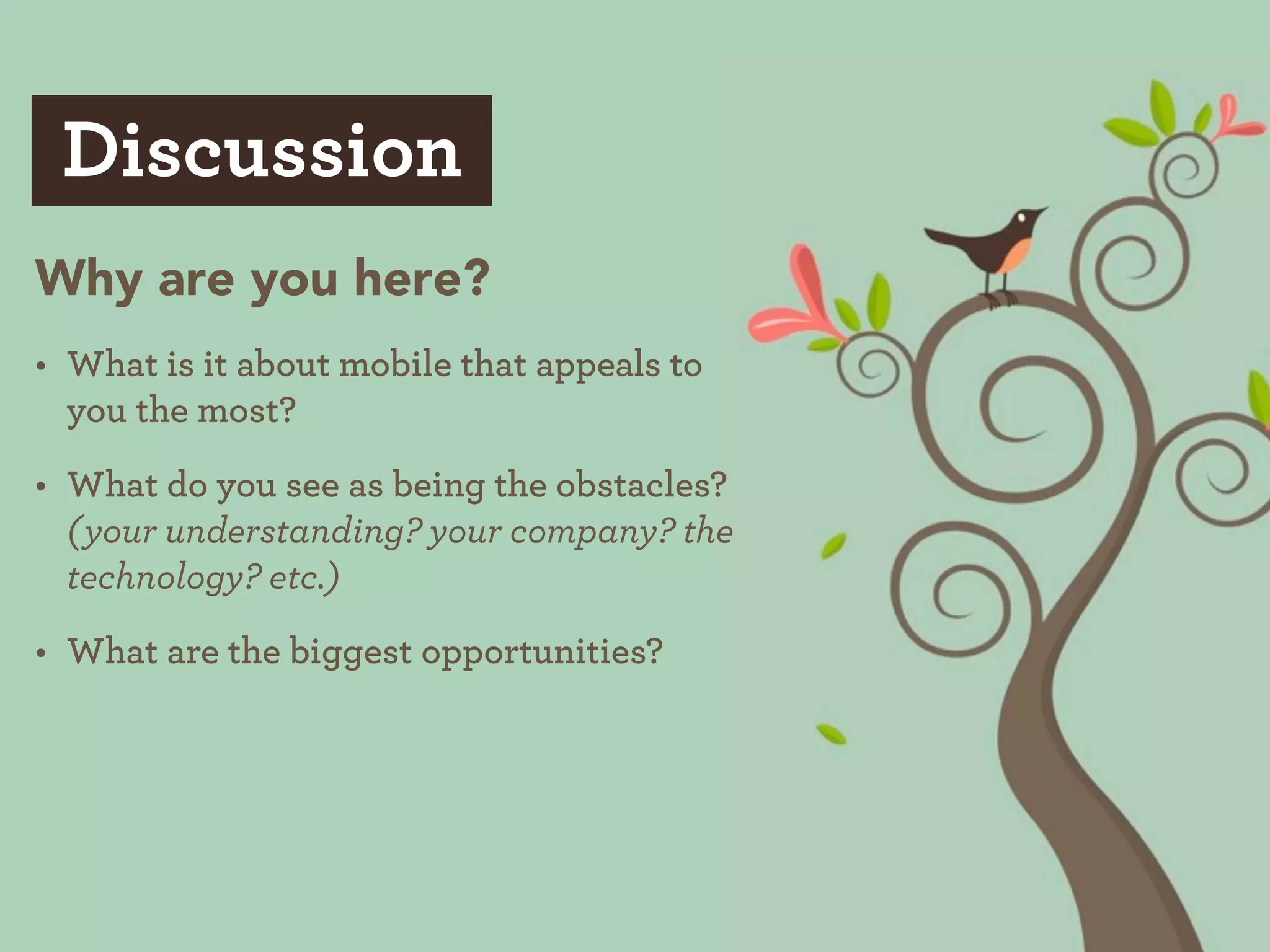 Discussion
Why are you here?
• What is it about mobile that appeals to
  you the most?
• What do you see as being the obstacles?
  (your understanding? your company? the
  technology? etc.)
• What are the biggest opportunities?
 
