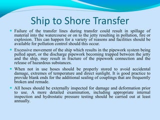 Ship to Shore Transfer
 Failure of the transfer lines during transfer could result in spillage of
material into the watercourse or on to the jetty resulting in pollution, fire or
explosion. This can happen for a variety of reasons and facilities should be
available for pollution control should this occur.
 Excessive movement of the ship which results in the pipework system being
pulled apart, or the discharge pipework becoming trapped between the jetty
and the ship, may result in fracture of the pipework connection and the
release of hazardous substances.
 When not in use hoses should be properly stored to avoid accidental
damage, extremes of temperature and direct sunlight. It is good practice to
provide blank ends for the additional sealing of couplings that are frequently
broken and remade.
 All hoses should be externally inspected for damage and deformation prior
to use. A more detailed examination, including appropriate internal
inspection and hydrostatic pressure testing should be carried out at least
annually.
 